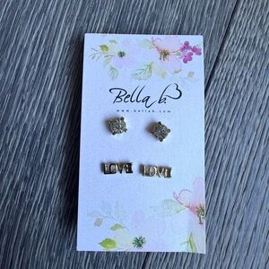 Bella B Rhinestone Stud & Love Word Earrings in Gold Duo Set